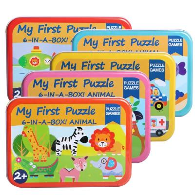 China Cartoon Toy Cpc 6 IN 1 Iron Box Wooden Animal Puzzle Toys Brain Teaser 3D Marine Animal Traffic Insect Jigsaw Puzzle Toy For Children for sale