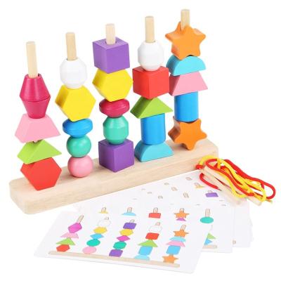 China Improve Child's Manual Ability CPC Threading Stringing Lacing Beads Toys Wooden Block Montessori Shape Matching Color Learning Fine Motor Activities Toys For Child for sale