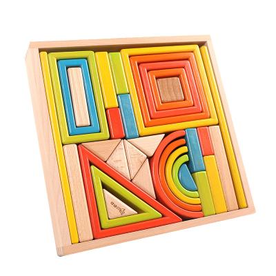 China Construction Toy Custom Wooden Geometrical Building Blocks Large 33pcs Rainbow Stacker Stacking Interlocking Construction Education Toys For Children 2 3 for sale