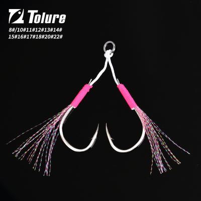 China Tolure Custom High Carbon Steel Trout shark UV color Double Hook Slow Jigging Assist Feather Fishing Hook 5pcs 8/10/11/12/13/14/15/16/18/20/22# for sale