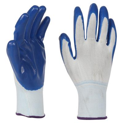 China Nitrile Coated Gloves Polyester White Blue Cheap Nitrile Coated Bulk Gloves Safety Hand Protection For Construction for sale