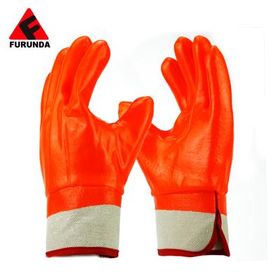 China PVC Coated Gloves PVC Cotton Jersey Orange Chemical Resistant Fully PVC Coated Work Gloves With Safety Cuff for sale