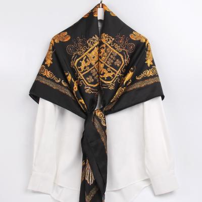 China Newest Good Quality Square Scarf Ladies Premium Paisley Printed Silk Polyester Black Scarf for sale