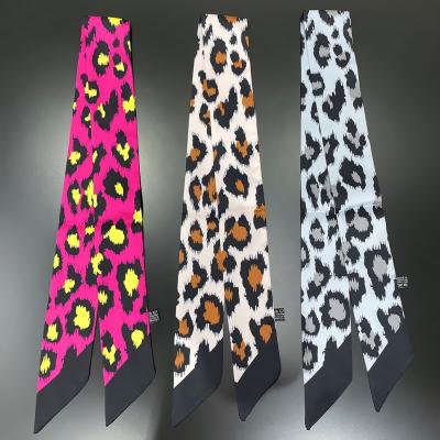 China Fashion Ladies Twill Satin Ribbon Hair Scarf Luxury Leopard Print Hot Selling Long Neck Scarves Small For Women for sale