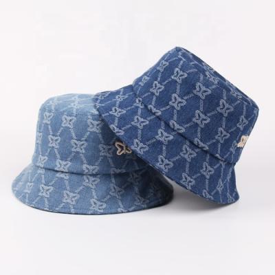 China Fashion\Comfortable hot sale embroidery\durable Spring Summer Logo Foldable Bucket Hats Denim Jacquard Fabric for sale