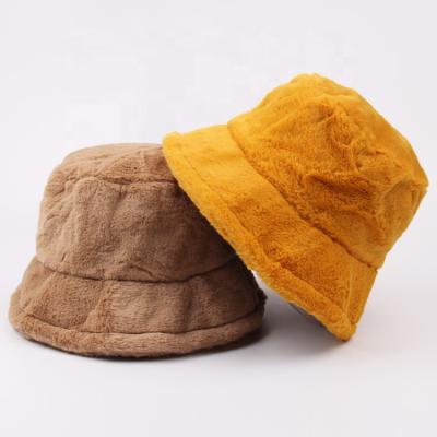 China Wholesale Plush 2021 Solid Color Faux Fur Bucket Hats Women Winter Vacation Thickened Soft Warm Fisherman Hat for sale