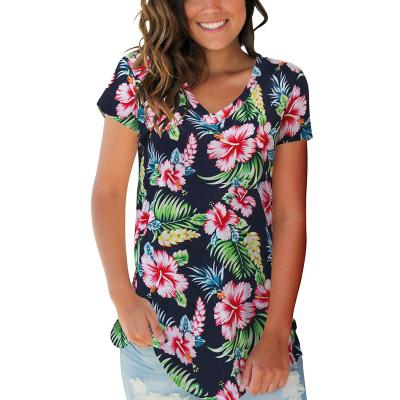 China Factory Wholesale Women's Casual V-Neckline Sleeve Summer Floral Short T-Shirts Basic Casual Tops for sale