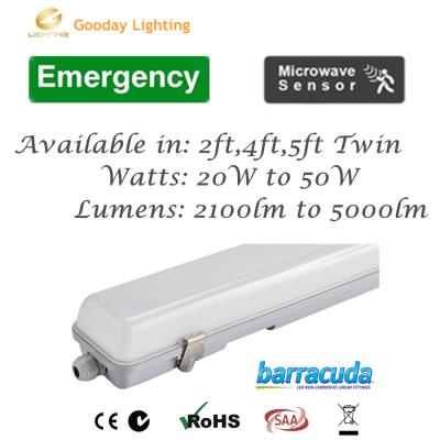 China 1200mm Waterproof IP65 40W Dimmable Color Changing LED Batten Light Fixture with Microwave Detector for sale