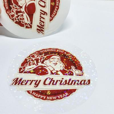 China Custom Vinyl Waterproof Clear Rainbow Transparent Film Hologram Glitter Die Cut Sticker Waterproof Printing Christmas Gift for sale