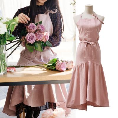 China Princess Japanese Linen Cotton Full Ruffle Pink Apron for Women for Flower Beauty Shop Florist for sale