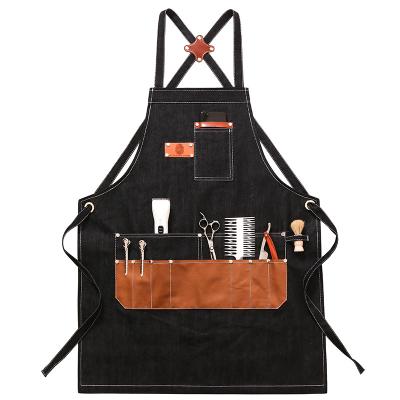 China Casual Popular Heavy Duty Canvas Leather Multi-pockets Cross Back Barbering Work Apron for Barber Shop Manicure Shop for sale