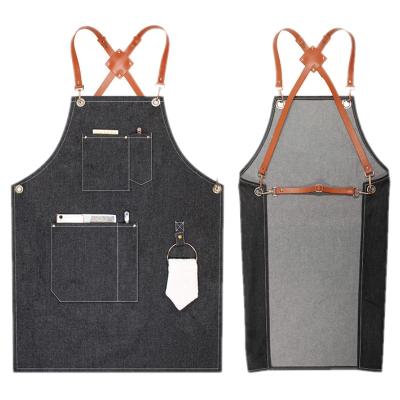 China Custom Denim Jean Canvas Work Protective Aprons With Leather Straps Cross Back Towel Ring For Home Restaurant Barber Shop Garden Kitchen for sale