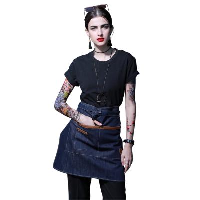 China Fashionable Make Stocks Washable Leather Denim 3 Pockets Half Waist Aprons For Cafe Bartender for sale