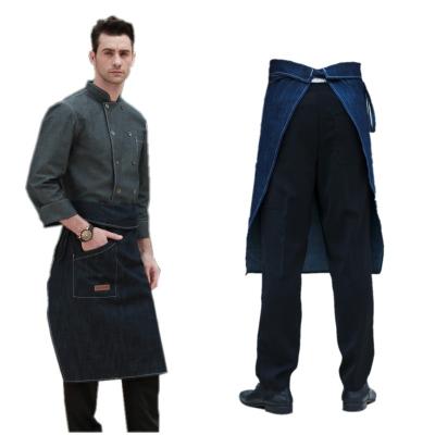 China Factory Wholesale Washable Half Long Waist Belt With Pockets Apron Denim Uniform For Hotel Restaurant Bar Cafe for sale