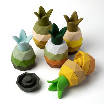 China New OEM Design Eco-friendly Material Pineapple Fruit Form Bpa Free Silicone Baby Toy Stacking Teether Building Block Set for sale