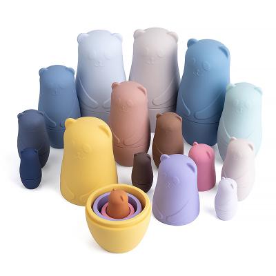 China 2022 Eco-friendly Materials New Panda Bear Soft Silicone Matching Stacking Doll Toy Customized Baby Montessori Stacking Fashion Teether for sale