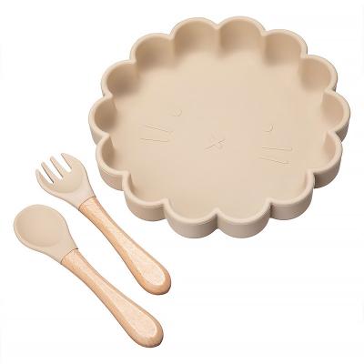 China 100% 2022 New Eco Lion Food Grade Silicone Tableware Eco-friendly Baby Dinner Feeding Suction Dishes Set with Spoon and Fork for sale