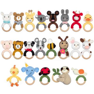 China Animal Shaped Crochet Beech Wooden Ring Rattle Teething Toy Organic Baby Teether Handmade Eco-friendly Material for sale