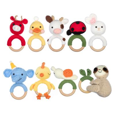 China Cute Animal Rattle Ring Teethers Wooden Crochet Baby Toddler Rabbit Wooden Handmade Natural Material Eco-Friendly Safety Teething Teether for sale