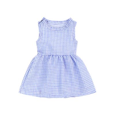 China New summer little girl's breathable dress suit plaid design baby waist sleeveless light blue soft and fresh dress for sale