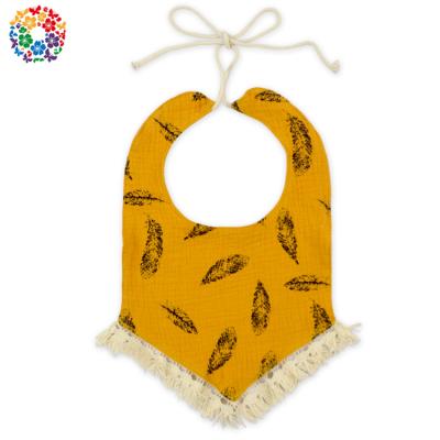 China Saliva Viable Towel Newborn Feather Prints Baby Bib With Tassels Wholesale Custom Eco-friendly Soft Waterproof Disposable Baby Bibs for sale