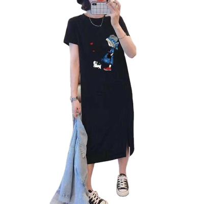 China Anti-Static Custom Logo Black Tall T-shirt For Women Slit Edge T-shirt Cotton Long Sleeve Short Sleeve Hot T-shirt Dress for sale