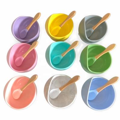 China New Product BPA Food Grade Suction Baby Silicone Free Heat Resistant Bamboo Feeding Bowl With Spoon for sale