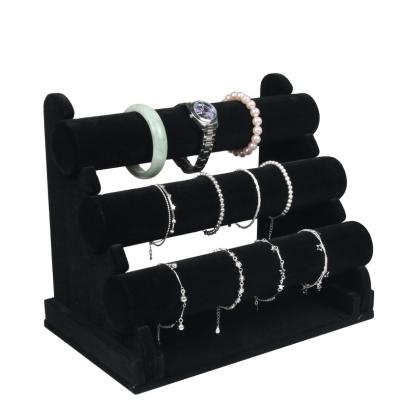 China Assemblable Assemblable Black 3 Layers Velvet and PU Watch Display Stand Holder Stand for sale