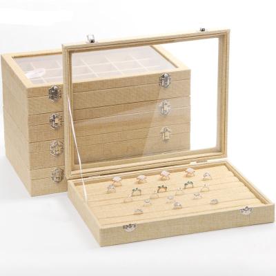 China New Large Capacity Rectangle Travel Jewelry Gifts Packaging Luxury Natural Canvas Jewelry Box With Lock Carry Glass Lid for sale