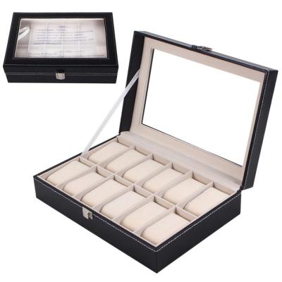 China Luxury Watch Box Price Set Luxury Suitable Top Quality 12 Grids Leather Black Watch Box for sale