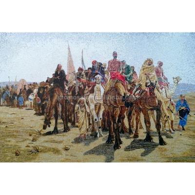 China Modern Art Design Painting Desert Camel Caravans Mosaic Camel Riding Glass Team for sale