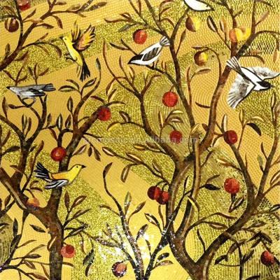 China Customized Natural Pattern Golden Fruiting Forest Art Glass Mosaic Tile Zero Wall Puzzle for sale