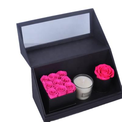 China Designs scented candles with 2 eternal flowers preserved roses in gift box for sale