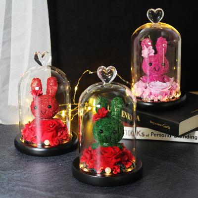 China Perpetual Flower Bunny Flower Finished Glass Dome Ornaments LED Lights Preserved Rose Flowers Valentine's Day Mother's Day Gift for sale