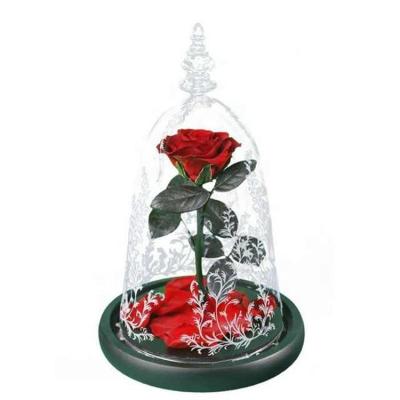 China Christmas Preserved Rose Glass Cover Beauty Gift Box Of Roses And Beast Glass Perpetual Immortal Flower 01 17*28cm Handmade Tower Type for sale