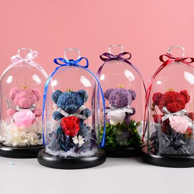 China Flowers Love Bear Gift Box Flowers Halloween Valentine's Day Christmas Gift Glass Dome Preserved Flowers Eternal Rose Wholesale for sale