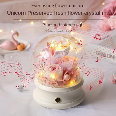 China Eternal Flower Bluetooth Speaker Unicorn Glass Dome Preserved Rose Music Box for sale