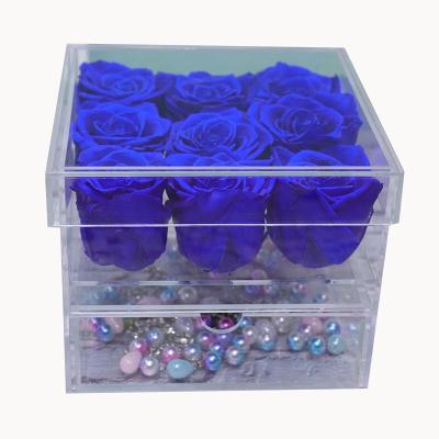 China Wholesale Perpetual Flower Preserved Roses Square Jewelry Box 9 Drawer Acrylic Box Perpetual Flower Preserved Flowers In Acrylic Box for sale