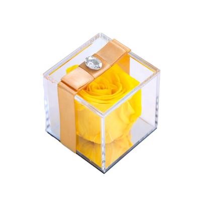 China Silk Flower Preserved Roses Forever Rose Single Rose Flower Square Eternal Glass Acrylic Box for sale