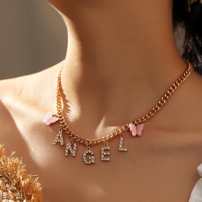 China European and American Central Statistical Institute Casual/Sports Diamond Letter Baby Necklace Popular Butterfly Angel Pendant Jewelry Necklace for sale