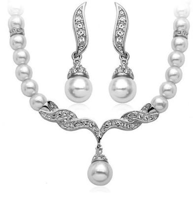 China Wholesale Fashion Korean Bridal Pearl and Diamond Two Pieces Necklace Set Jewelry Set for sale