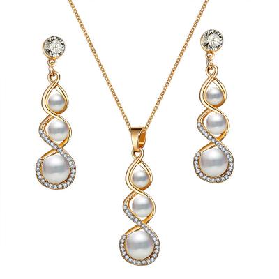 China Wholesale New Bride Handmade Necklace Set Wild Diamond Necklace Pearl Earrings Wholesale Three-Piece Jewelry Set for sale