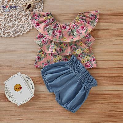 China Hao Baby Girls Anti-static Suit 2022 New Baby One-shoulder Blouse Solid Color Bow Floral Pants for sale