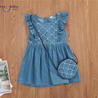 China Hao Baby Girls Summer Solid Color Denim Dress Short Sleeve Antibacterial Princess Dress With Bag Small And Medium-Sized for sale