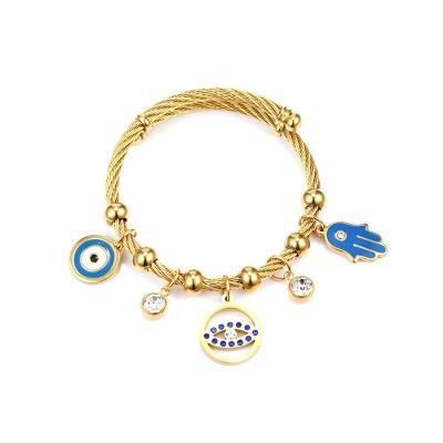 China CLASSIC Islamic Bracelet 18K Gold Plated Stainless Steel Beads Link Chain With Blue Eye And Palm Zircon Dangle Bracelets For Ladies for sale