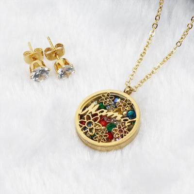 China Christmas Gift CLASSIC Round Shape Pendant Colorful Enamel Inserted Flower Design Stainless Steel Gold Carved Necklace Set For Mum for sale