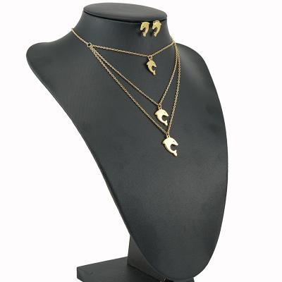 China Multi Exquisite Design Cute Cute Tiny Dolphin Chain Layers Stainless Steel Earring Pendant Gold Plated Three Layers Necklace Set for sale