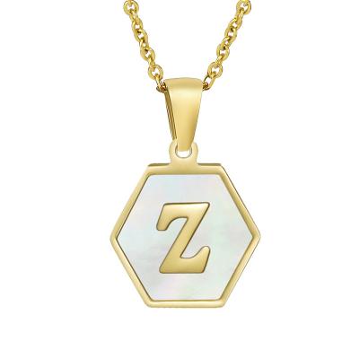 China Factory New Trendy Custom Stainless Steel Simple Gold Plated Hexagon Shell Initial Letter Pendant Necklace Natural White For Ladies for sale