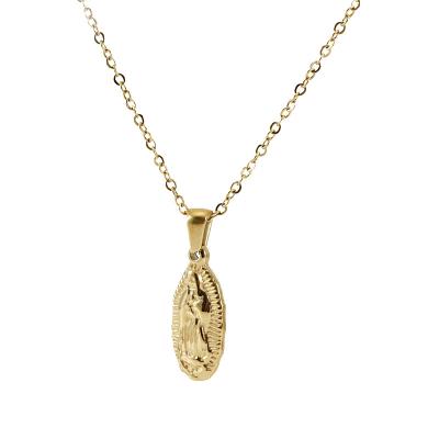 China Religious European Hot Style Custom Made Tiny Oval Shape Catholic 18k Gold Plated Carved Pendant Necklace Jewelry Religious Necklace for sale