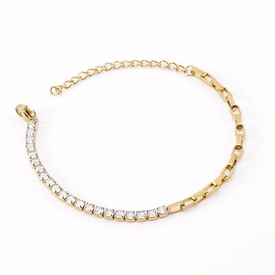 China Fashionable Design Women's Diamond Paved Titanium Steel 18K Gold Amazon Full Real Plated Box Chain Necklace Bracelet for sale